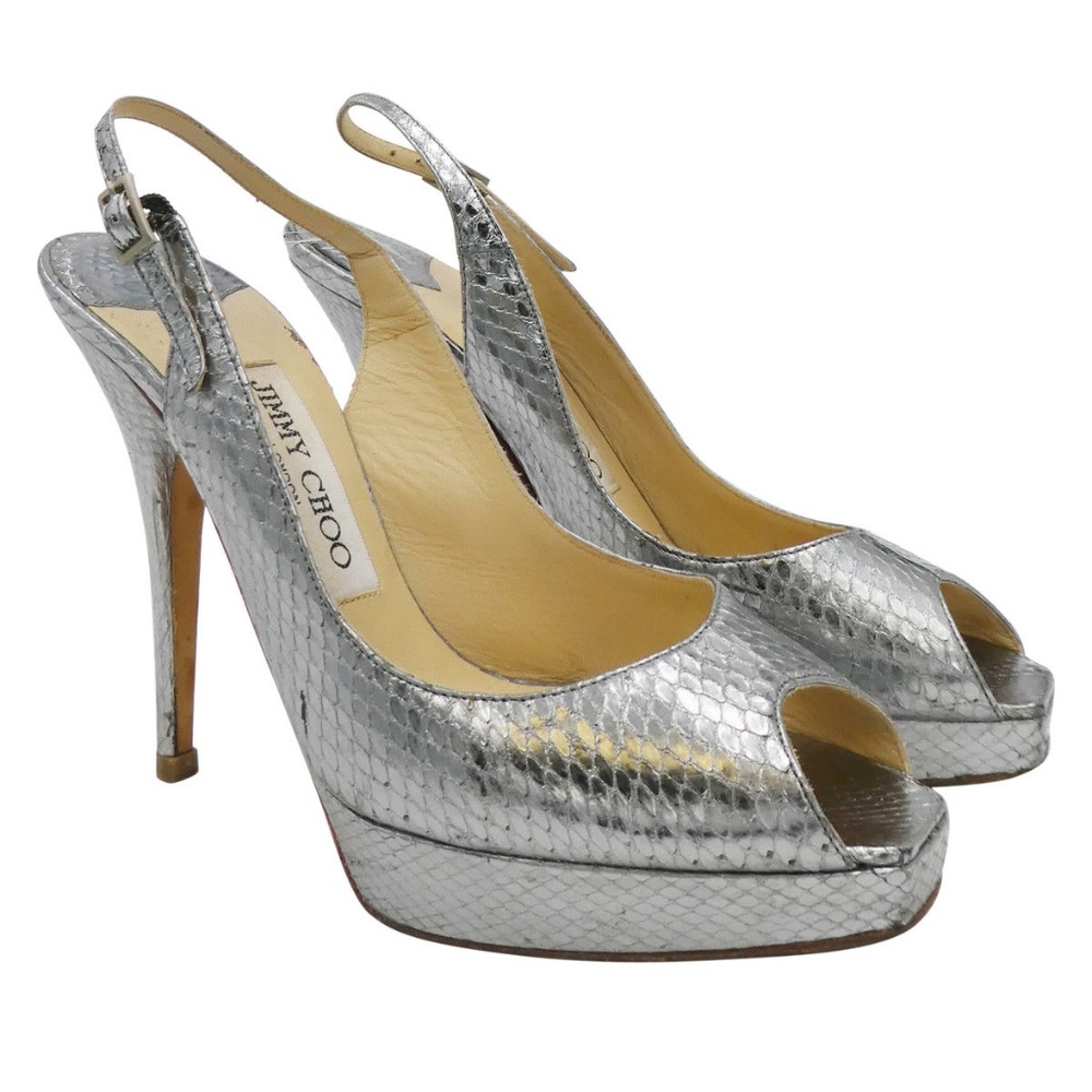 AUTHENTIC Jimmy Choo Metallic Silver Snakeskin Peep Toe 36.5